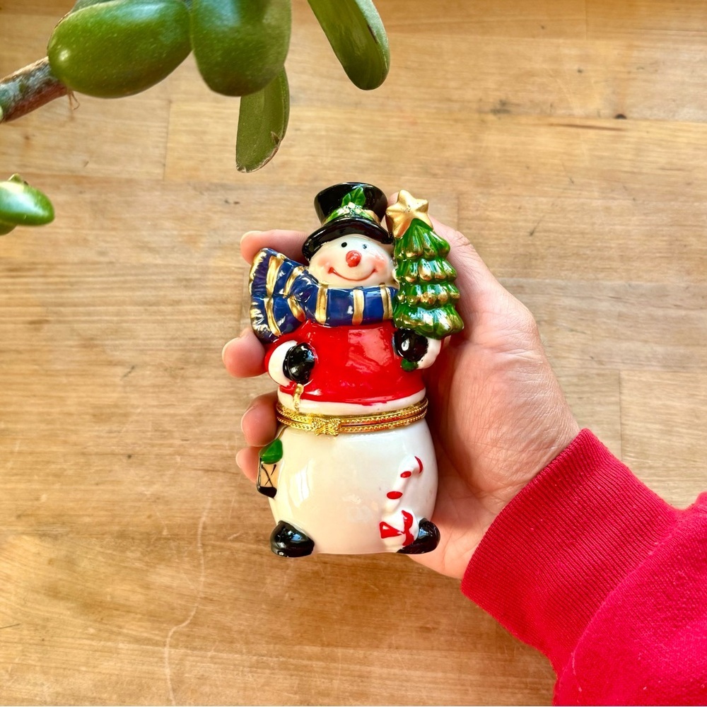 Vintage Ceramic Glazed Snowman Jewelry Trinket Box